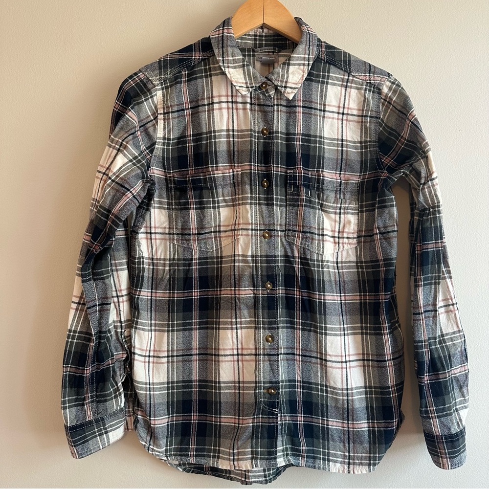 Carhartt Women’s Flannel Button‑Down Shirt Medium (8/10) | Navy Pink White Plaid